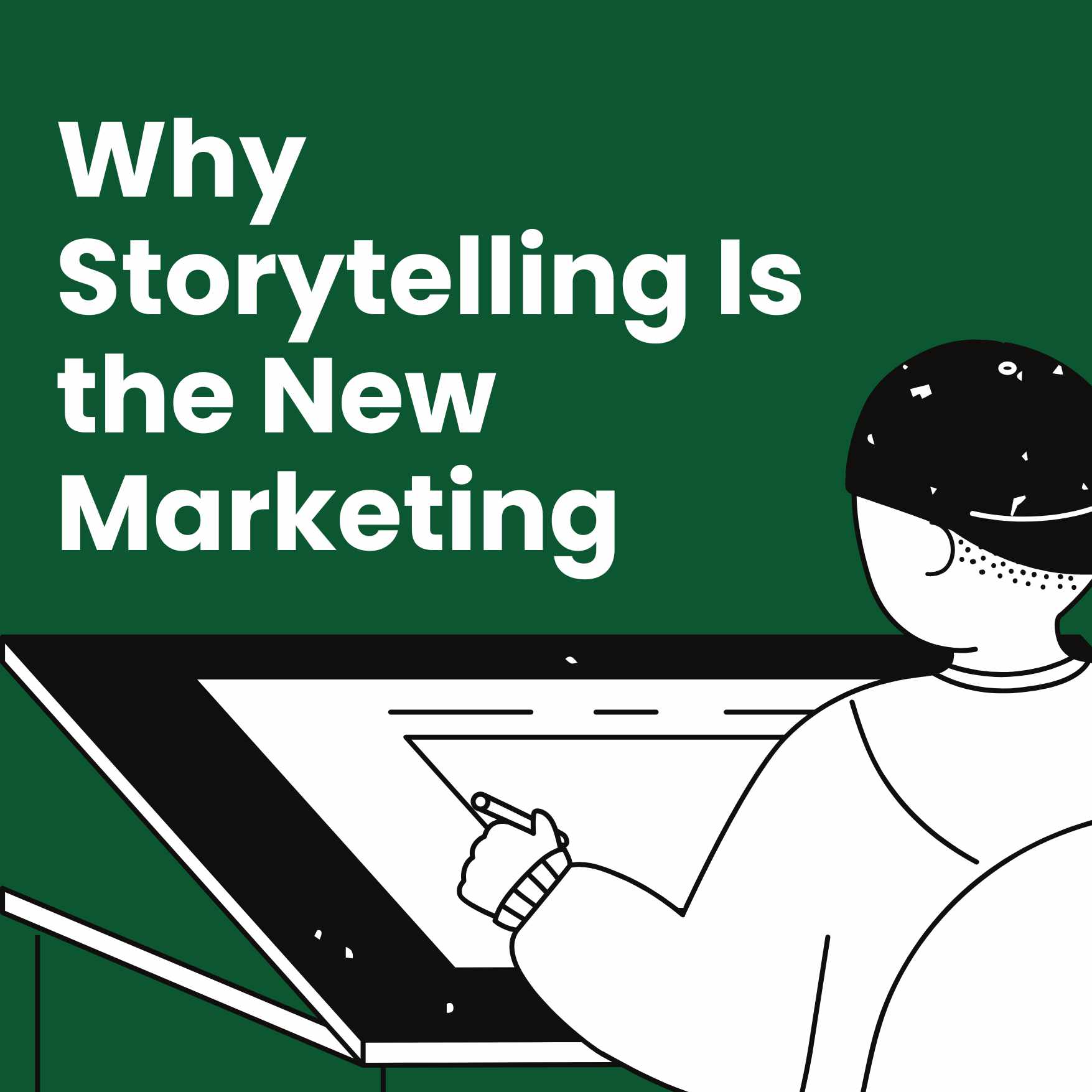 Abstract visual metaphor of storytelling in modern marketing. A hand points to flowing digital shapes, representing brand narrative and audience connection.