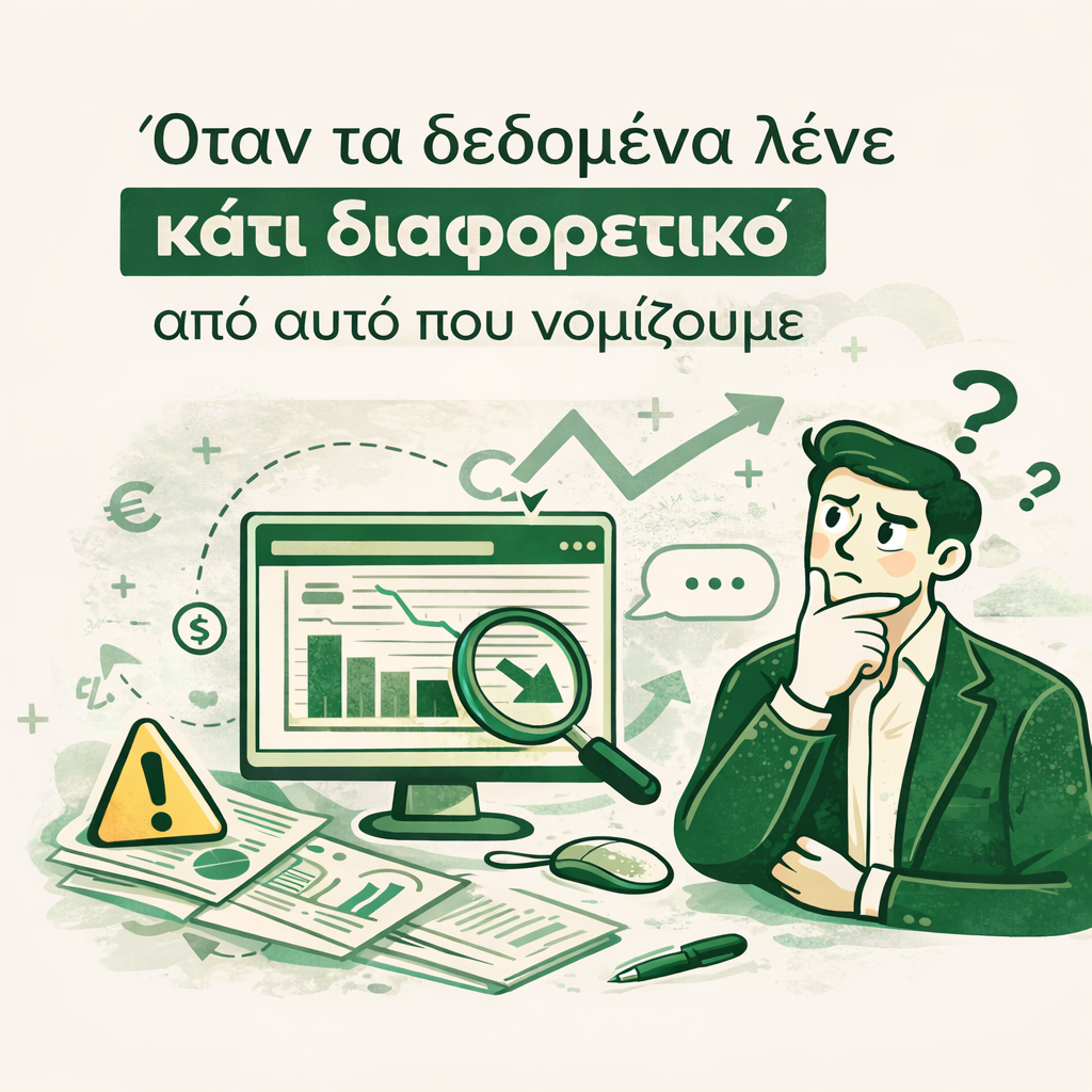 Εικονογράφηση που δείχνει την ερμηνεία δεδομένων στο marketing και πώς η λάθος ανάγνωση metrics οδηγεί σε λανθασμένες αποφάσεις.