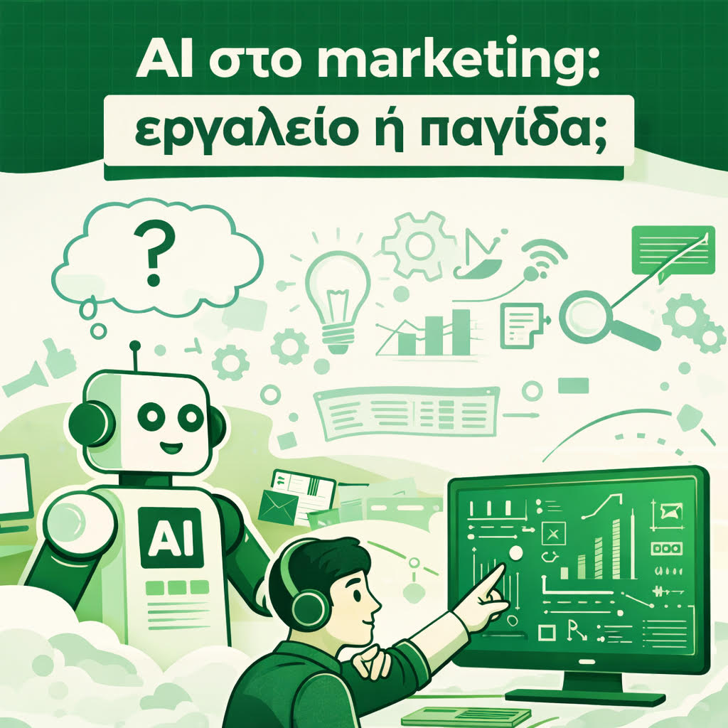 Εικονογράφηση που απεικονίζει τη χρήση της τεχνητής νοημοσύνης στο marketing, με ανθρώπινη παρέμβαση, δεδομένα και δημιουργικά εργαλεία.