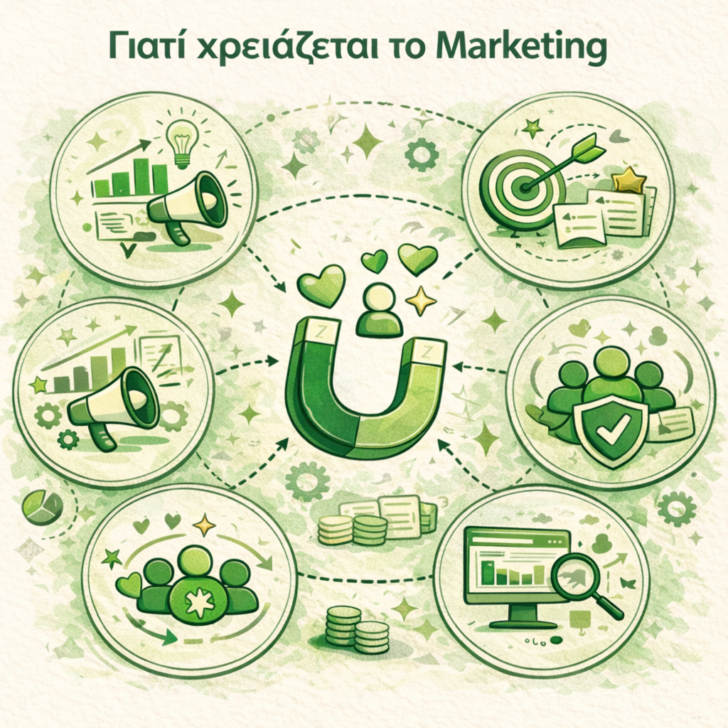 Εικονογράφηση για άρθρο marketing με σύμβολα ανάπτυξης, στρατηγικής, social media και digital καναλιών