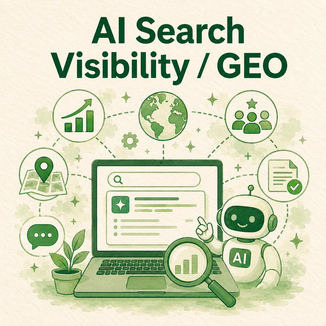 Εικονογράφηση για το AI Search Visibility / GEO, με laptop, AI assistant και στοιχεία αναζήτησης που συμβολίζουν τη νέα εποχή ορατότητας των brands.